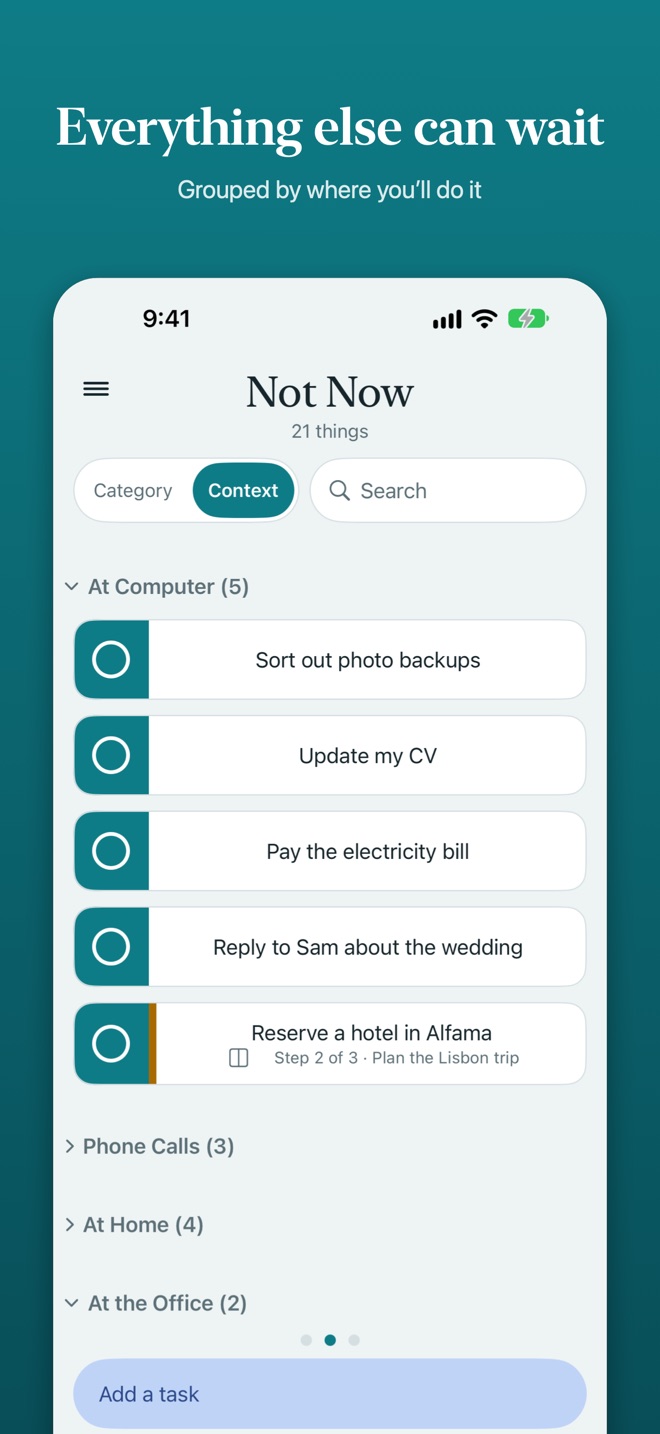 The Not Now screen with tasks grouped by where you can do them
