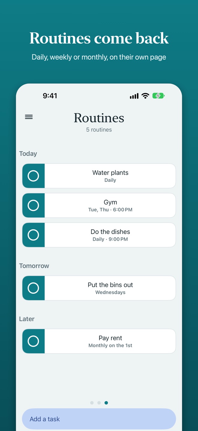 The Routines page: daily, weekly and monthly routines grouped into Today, Tomorrow and Later